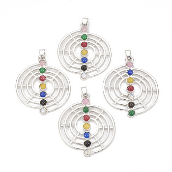 Chakra Jewelry, Alloy Gemstone Pendants, Flat Round, Platinum, 50x40x3.5mm, Hole: 6x3mm