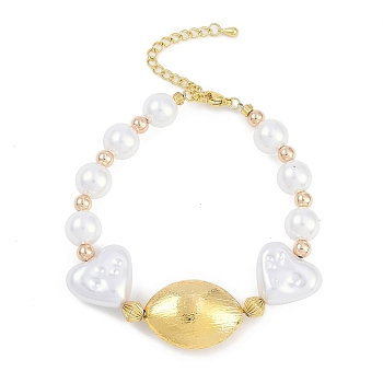 Rack Plating Brass Beaded Bracelets, with ABS Imitation Pearl Beads, Cadmium Free & Lead Free, Long-Lasting Plated, Real 18K Gold Plated, Oval, 7.56 inch(19.2cm)