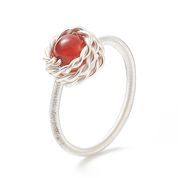 Natural Carnelian Round Finger Ring, Silver Copper Wire Wrapped Jewelry for Women, US Size 8 1/2(18.5mm)
