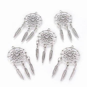 Tibetan Style Alloy Pendants, Woven Net/Web with Feather, Cadmium Free & Nickel Free & Lead Free, Big Pendants, Antique Silver, 63x28x1.5mm, Hole: 2mm