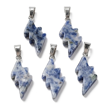 Natural Blue Spot Jasper Pendants, Lightning Bolt Charms with Stainless Steel Color Plated 201 Stainless Steel Snap on Bails, 31~33x13~14x5mm, Hole: 7.5x4.5mm