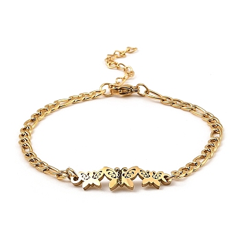 201 Stainless Steel Link Bracelet for Women, Golden, Butterfly, 7-3/8 inch(18.7cm)