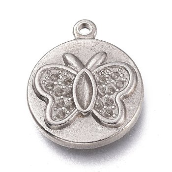 304 Stainless Steel Pendants Rhinestone Settings, Flat Round with Butterfly, Stainless Steel Color, 17x14x2.5mm, Hole: 1.2mm, Fit for 1.8mm and 4x1.5mm Rhinestone. 