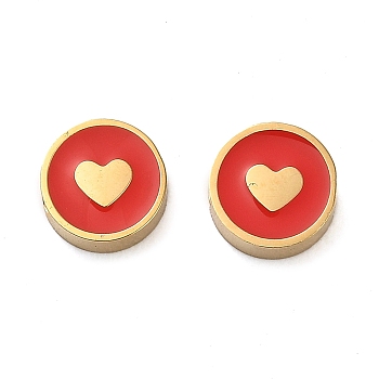 304 Stainless Steel Enamel Beads, Real 14K Gold Plated, Flat Round with Heart, Red, 8x3.5mm, Hole: 2mm