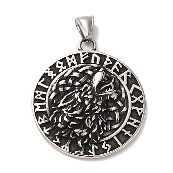 Viking 304 Stainless Steel Pendant, with 201 Stainless Steel Snap On Bails, Flat Round with Wolf & Helm of Awe Charm, Antique Silver, 44x39x5mm, Hole: 4x8mm