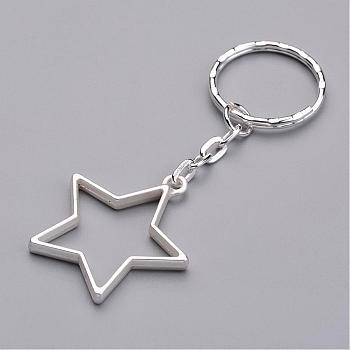 Alloy Pendants Keychain, with Iron Key Clasp Findings, Star, Matte Silver, 80mm