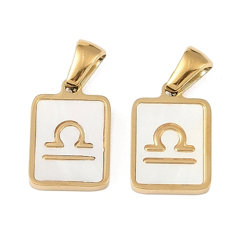 Constellations Natural White Shell Pendants, Ion Plating(IP) 304 Stainless Steel Rectangle Charms, Real 18K Gold Plated, Libra, 16x10.5x1.5mm, Hole: 5x3mm