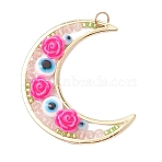 Brass Resin Pendants, Moon with Rose & Evil Eye, with 304 Stainless Steel Jump Rings & Lampwork, Cerise, 49x44x7mm, Hole: 5mm(PALLOY-MZ01073-05)