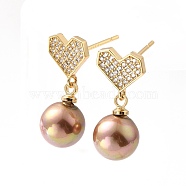 Cubic Zirconia Heart Dangle Stud Earrings with Shell Beads, Brass Jewelry for Women, Lead Free & Cadmium Free & Nickel Free, Real 18K Gold Plated, 20mm, Pin: 0.7mm(EJEW-F281-19G)