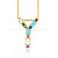 Golden Brass Micro Pave Cubic Zirconia Initial Pendants Necklaces, with Cable Chains, Colorful, Letter, Letter.Y, 17.9~18.1 inch(45.5~46cm)x1.5mm, LetterY: 21x13.5x6mm(NJEW-S069-JN002-Y)