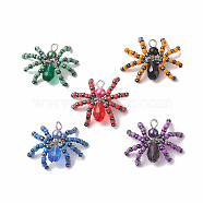 Halloween Spider Glass Pendants, with Eco-Friendly Round Copper Wire Wrapped, Mixed Color, 28~30x35~35.5x8.5~11.5mm, Hole: 3.2~4mm(PALLOY-JF02005)