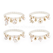 ABS Plastic Imitation Pearl Beaded Stretch Bracelet with Alloy Enamel Charms for Kids, White, Mixed Patterns, Charm: 11~21x9~11x2~3mm, Inner Diameter: 1-3/4 inch(4.6cm)(BJEW-JB08524)