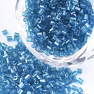 Grade A Glass Seed Beads, Hexagon(Two Cut), Transparent Colours Lustered, Steel Blue, 1.5~2.5x1.5~2mm, Hole: 0.8mm, about 2100pcs/bag, 450g/bag(SEED-S022-03N)