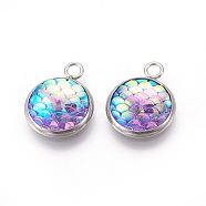 Resin Pendants, with 304 Stainless Steel Finding, Flat Round with Mermaid Fish Scale Shaped, Stainless Steel Color, Plum, 18x14x3.5mm, Hole: 2mm(X-RESI-L024-11)