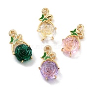 Rack Plating Brass Glass Pendants, with Clear Cubic Zirconia and Green Enamel, Real 18K Gold Plated, Rose, Mixed Color, 34x17x9mm, Hole: 5x2.7mm(KK-D070-02G)