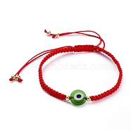 Adjustable Nylon Thread Braided Bead Bracelets, with Handmade Evil Eye Lampwork Beads and Brass Beads, Lime Green, Inner Diameter: 2-1/2 inch~4-1/8 inch(6.5~10.5cm)(BJEW-JB05293-02)