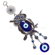 Handmade Lampwork Evil Eye Pendant Decorations, with Resin Rhinestone, Alloy Finding, Owl, Antique Silver, 290mm, Hole: 14x10mm(HJEW-C001-10)