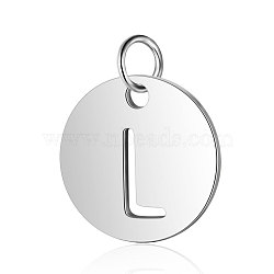 304 Stainless Steel Charms, Flat Round with Letter, Stainless Steel Color, Letter.L, 12x1mm, Hole: 2.5mm(A-STAS-S105-T514S-L)