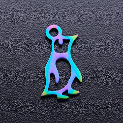 Ion Plating(IP) 201 Stainless Steel Charms, Penguin, Rainbow Color, 14x7x1mm, Hole: 1.5mm(STAS-Q201-JN221)