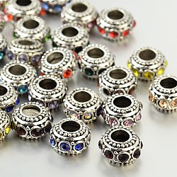 Antique Silver Zinc Alloy Rhinestone Large Hole European Rondelle Beads, Mixed Color, 10~12x6mm, Hole: 4.5mm(CPDL-O005-M)