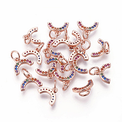 Brass Micro Pave Cubic Zirconia Charms, Horseshoe, Colorful, Rose Gold, 7.5x10x1.5mm, Hole: 3~3.5mm(ZIRC-F095-01RG)