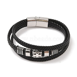 Braided Microfiber Leather Multi-strand Bracelets, 304 Stainless Steel Viking Cross Bracelets for Men, Antique Silver, 8-7/8x1 inch(22.5x2.5cm)(BJEW-B096-04B)