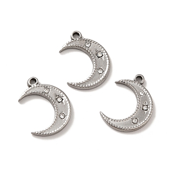 304 Stainless Steel Pendants, with Crystal Rhinestone, Crescent Moon Charms, Stainless Steel Color, 18x13.5x2mm, Hole: 1.2mm