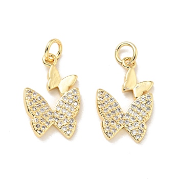 Eco-friendly Brass Micro Pave Clear Cubic Zirconia Pendants, with Jump Ring, Cadmium Free & Lead Free, Butterfly, Real 18K Gold Plated, 18.5x12x2mm, Hole: 3mm