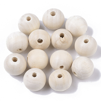 Natural Unfinished Wood Beads, Waxed Wooden Beads, Smooth Surface, Round, Macrame Beads, Large Hole Beads, Floral White, 20mm, Hole: 4mm