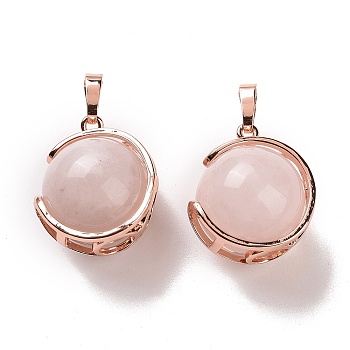 Natural Rose Quartz Pendants, Ball Sphere Charms with Rose Gold Tone Brass Findings, 24x21x18mm, Hole: 8x5mm
