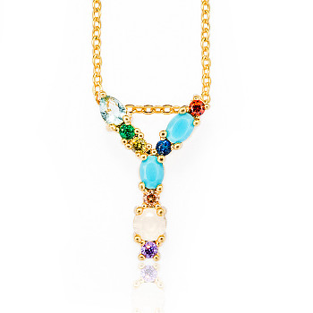 Golden Brass Micro Pave Cubic Zirconia Initial Pendants Necklaces, with Cable Chains, Colorful, Letter, Letter.Y, 17.9~18.1 inch(45.5~46cm)x1.5mm, LetterY: 21x13.5x6mm