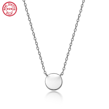 925 Sterling Silver Flat Round Pendant Necklaces for Women, Cable Chains Necklaces, Platinum, 15-3/8 inch(39cm)