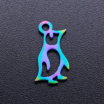 Ion Plating(IP) 201 Stainless Steel Charms, Penguin, Rainbow Color, 14x7x1mm, Hole: 1.5mm