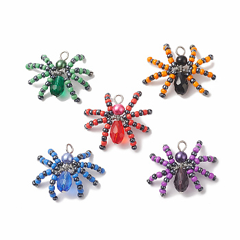 Halloween Spider Glass Pendants, with Eco-Friendly Round Copper Wire Wrapped, Mixed Color, 28~30x35~35.5x8.5~11.5mm, Hole: 3.2~4mm