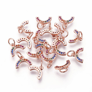 Brass Micro Pave Cubic Zirconia Charms, Horseshoe, Colorful, Rose Gold, 7.5x10x1.5mm, Hole: 3~3.5mm