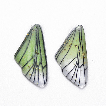 Transparent Resin Pendants, with Gold Foil, Insects Wing, Light Green, 24.5x11.5x2mm, Hole: 1mm