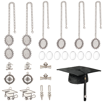Nbeads Unicraftale DIY Graduation Cap Tassel Memorial Photo Charm Making Kit, Including Pen & Hat & Compass Alloy Charms, Oval Alloy Charm Settings with Glass Cabochons, Antique Silver, 22Pcs/bag