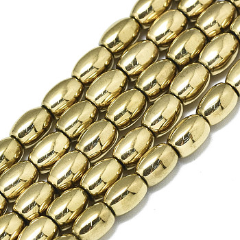 Electroplate Non-magnetic Synthetic Hematite Beads Strands, Oval, Real 18K Gold Plated, 5.5x4mm, Hole: 0.5mm, about 68~70pcs/strand, 15.75 inch(40cm)