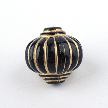 Lantern Plating Acrylic Beads, Golden Metal Enlaced, Black, 14x14mm, Hole: 2mm