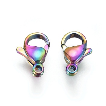 Ion Plating(IP) 304 Stainless Steel Lobster Claw Clasps, Parrot Trigger Clasps, Rainbow Color, 12x8x3mm, Hole: 1.5mm