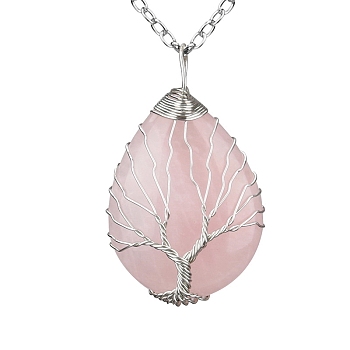 Natural Rose Quartz Teardrop Pendant Necklace, Platinum Copper Wire Wrap Necklace, 20.47 inch(52cm)