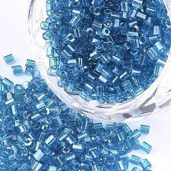 Grade A Glass Seed Beads, Hexagon(Two Cut), Transparent Colours Lustered, Steel Blue, 1.5~2.5x1.5~2mm, Hole: 0.8mm, about 2100pcs/bag, 450g/bag