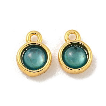 Rack Plating Brass Half Round Charms, with Dark Cyan Resin, Real 18K Gold Plated, 7x5x2mm, Hole: 1mm