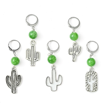 Alloy Cactus Pendant Decoration, with Natural Mashan Jade Beads and 304 Stainless Steel Leverback Clasps, Antique Silver & Platinum, 48~55.5mm