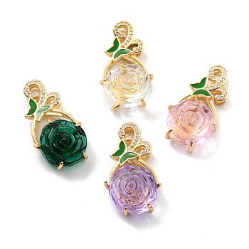 Rack Plating Brass Glass Pendants, with Clear Cubic Zirconia and Green Enamel, Real 18K Gold Plated, Rose, Mixed Color, 34x17x9mm, Hole: 5x2.7mm