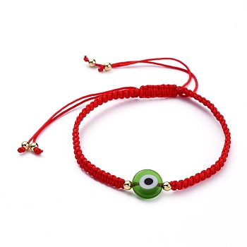 Adjustable Nylon Thread Braided Bead Bracelets, with Handmade Evil Eye Lampwork Beads and Brass Beads, Lime Green, Inner Diameter: 2-1/2 inch~4-1/8 inch(6.5~10.5cm)