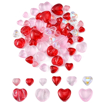 80Pcs 13 Style Transparent Spray Painted Glass Beads, Heart, for Valentine's Day, Pink, 6~12x6~12x4~6.5mm, Hole: 0.9~1mm