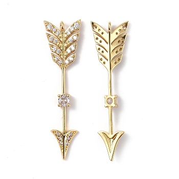 Brass Micro Pave Clear Cubic Zirconia Pendants, Arrows Charms, Real 18K Gold Plated, 47.5x12.5x3.5mm, Hole: 1.6mm