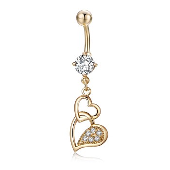 Piercing Jewelry, Brass Cubic Zirciona Navel Ring, Belly Rings, with 304 Stainless Steel Bar, Lead Free & Cadmium Free, Heart, Clear, 46mm, Pendant: 24x12.5mm, Bar: 14 Gauge(1.6mm), Bar Length: 3/8"(10mm)