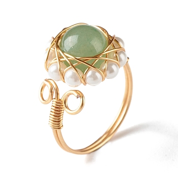 Natural Green Aventurine Finger Ring for Girl Women, Round Shell Pearl Beads Ring, Brass Wire Wrap Ring, Golden, US Size 7 3/4(17.9mm)